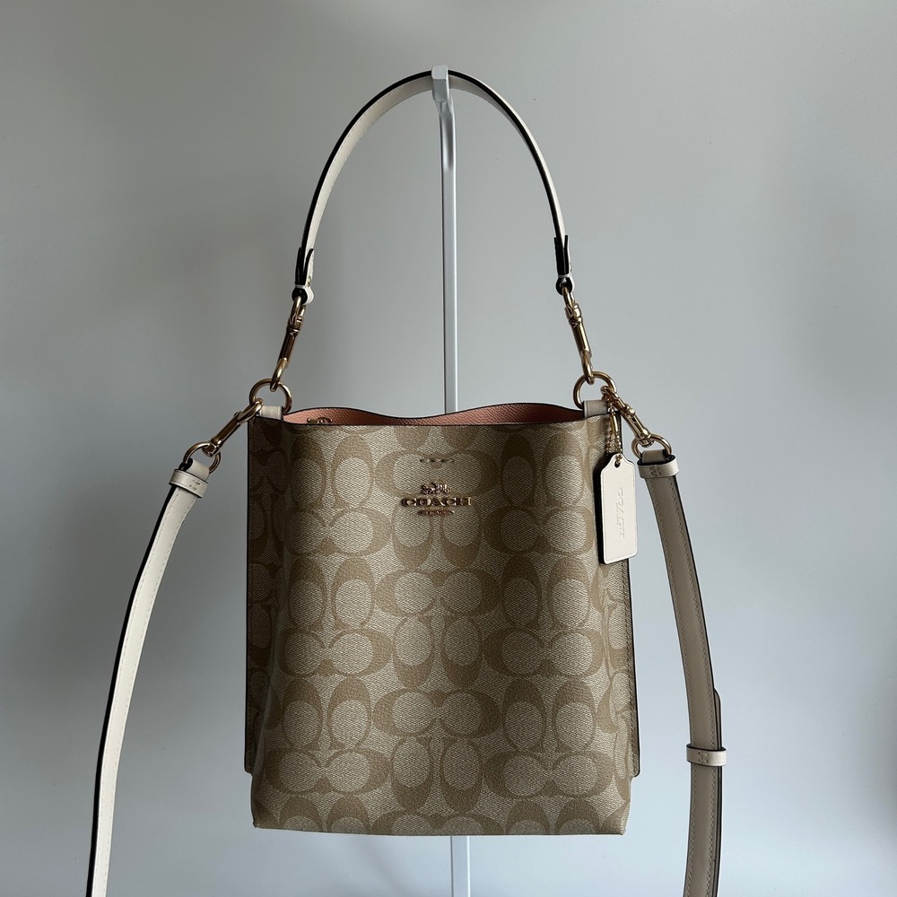 Coach Mollie Bucket Bag 22 Khaki Chalk Signature Canvas Leather Crossbody GOOD